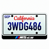 BMW M5 CS illuminated LED license plate badge beneath an illustrative US plate; plate not included