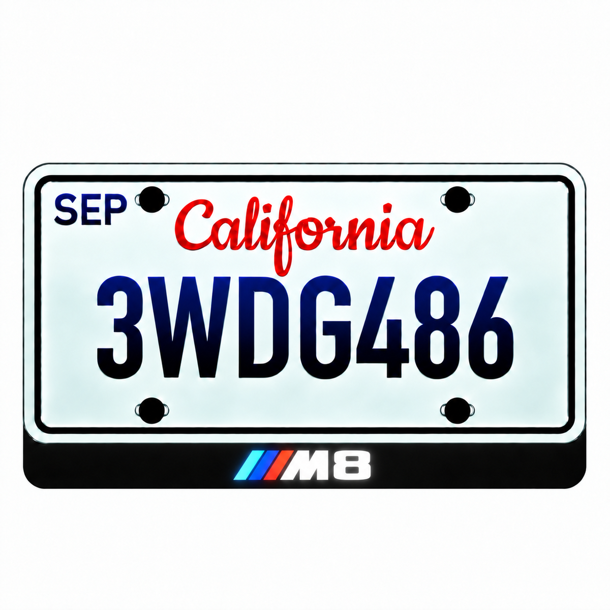 BMW M8 illuminated LED license plate badge beneath an illustrative US plate; plate not included