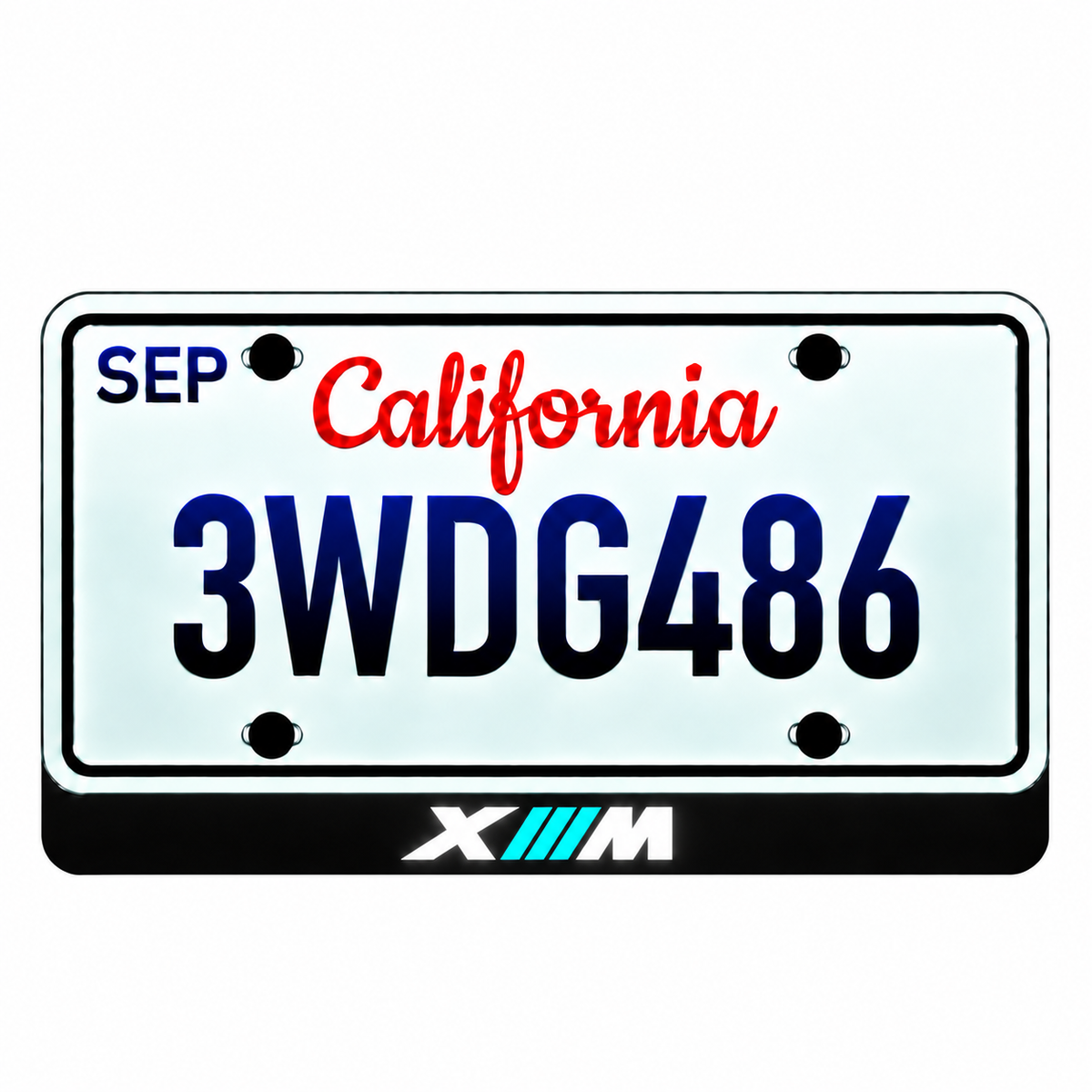 BMW X///M illuminated LED license plate badge beneath an illustrative US plate; plate not included