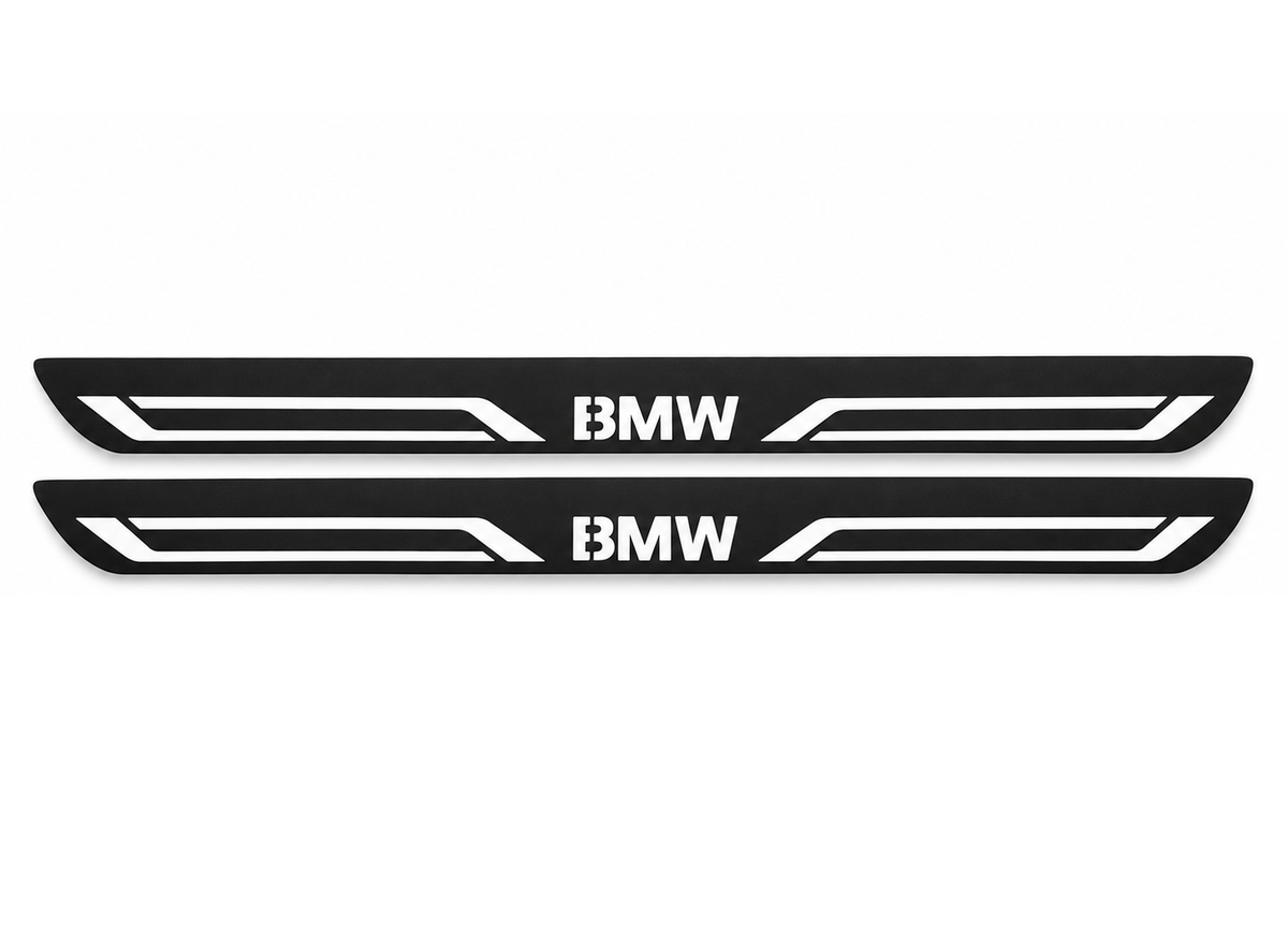 Exact BMW X1 E84 BMW LINE Matte PRO Front set: two original long black plates on white; original artwork and proportions preserved.