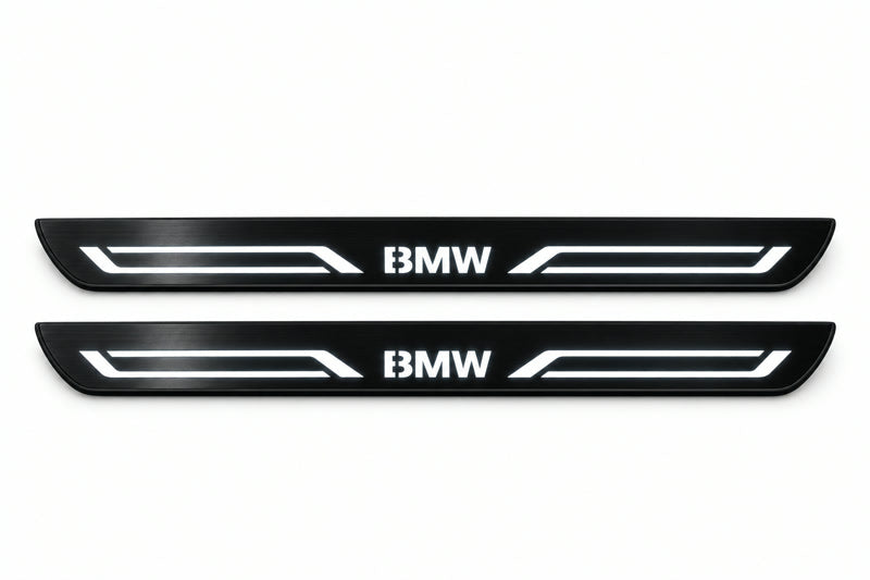 Catalogue illustration of two front black Matte PRO LED door sill plates with illuminated BMW LINE lettering for BMW X3 F25; dimensions are selected during manufacture.