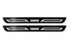 Catalogue illustration of two front black Matte PRO LED door sill plates with illuminated BMW LINE lettering for BMW X3 F25; dimensions are selected during manufacture.