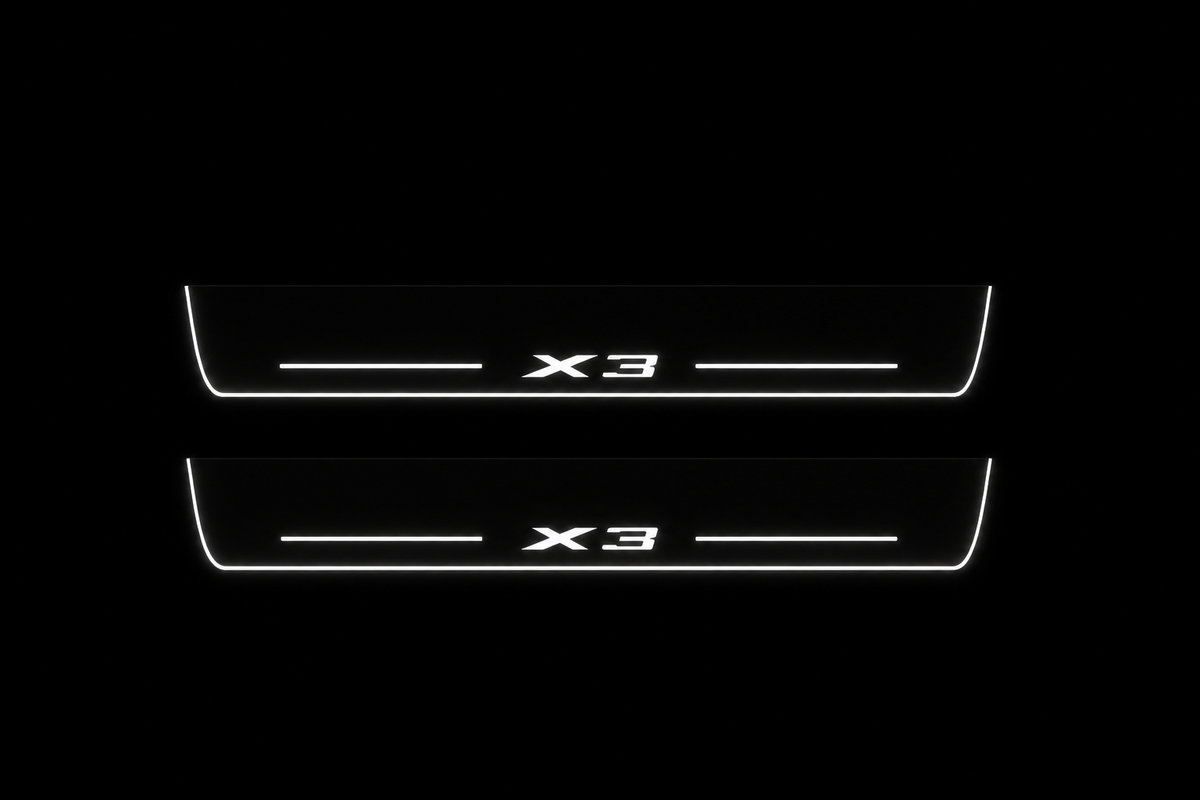 BMW X3 F25 front Stainless door sills: two original long plates, white illuminated X3 artwork, strips and side edges on black Night background