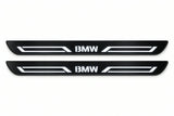 Catalogue illustration of two front black Matte PRO LED door sill plates with illuminated BMW LINE lettering for BMW X3 G01; dimensions are selected during manufacture.