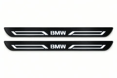 Catalogue illustration of two front black Matte PRO LED door sill plates with illuminated BMW LINE lettering for BMW X3 G01; dimensions are selected during manufacture.