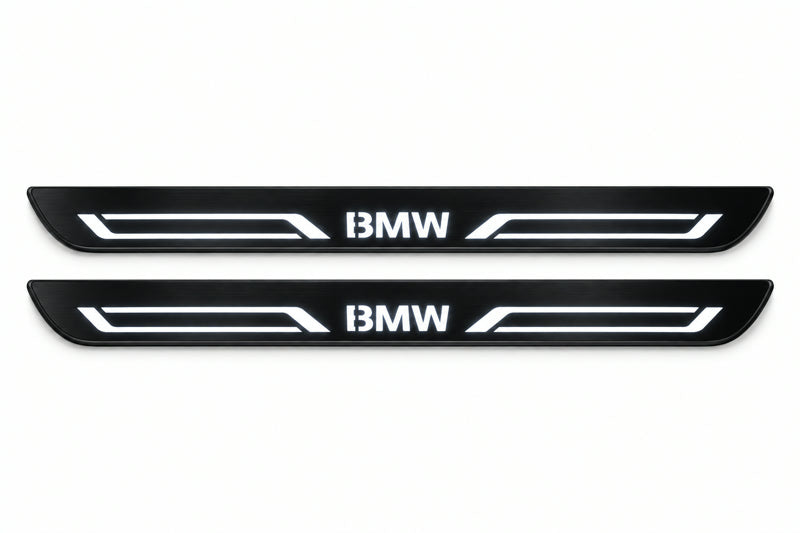 Catalogue illustration of two front black Matte PRO LED door sill plates with illuminated BMW LINE lettering for BMW X3 G01; dimensions are selected during manufacture.