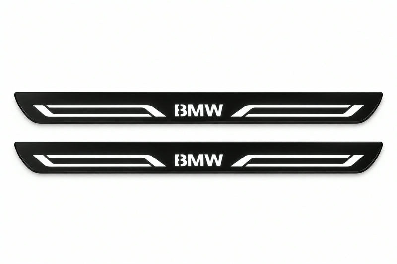 Catalogue illustration of two front black Matte PRO LED door sill plates with illuminated BMW LINE lettering for BMW X4 F26; dimensions are selected during manufacture.
