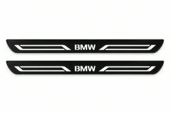 Catalogue illustration of two front black Matte PRO LED door sill plates with illuminated BMW LINE lettering for BMW X4 F26; dimensions are selected during manufacture.