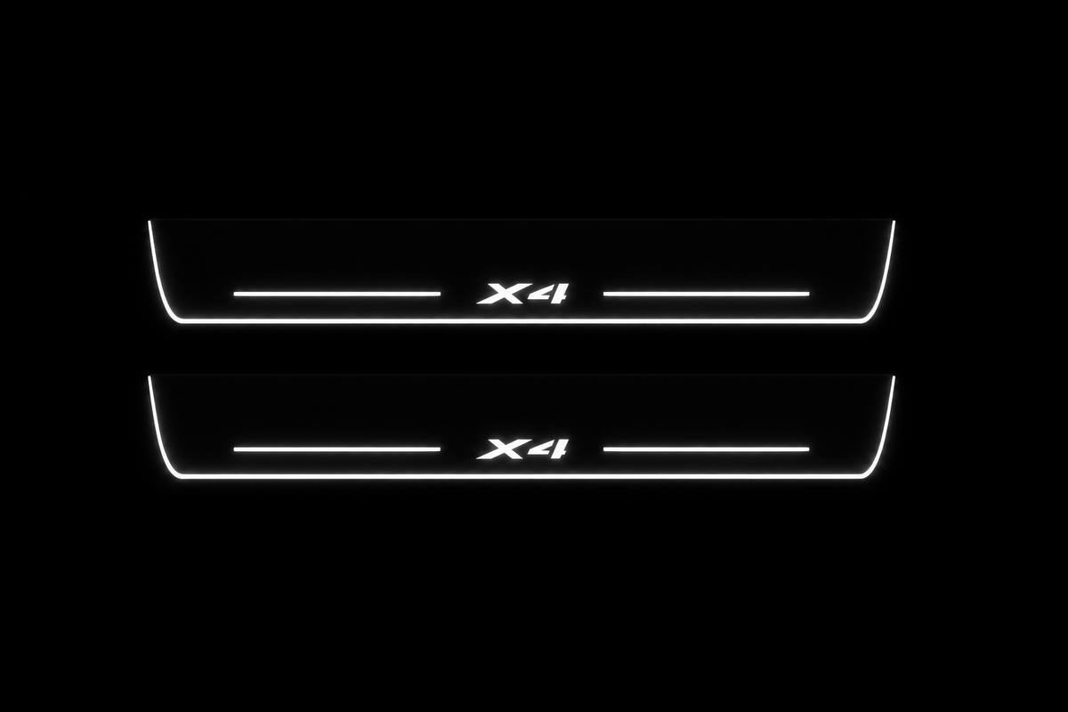 BMW X4 F26 Front Stainless: two exact long sill plates, white illuminated X4 artwork strips and side edges on black Night background