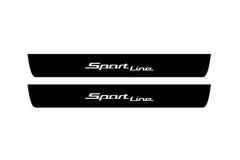 Catalog illustration of two black front door sill plates with Sport Line lettering.