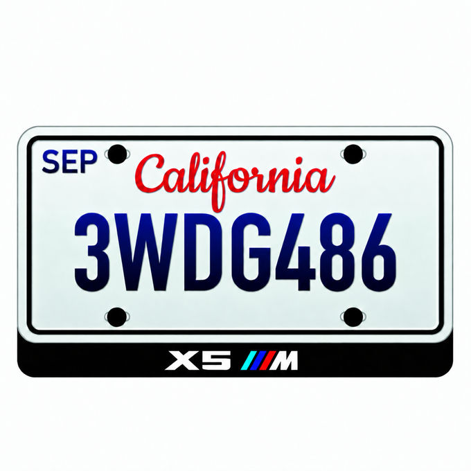 BMW X5 M illuminated LED license plate badge beneath an illustrative US plate; plate not included