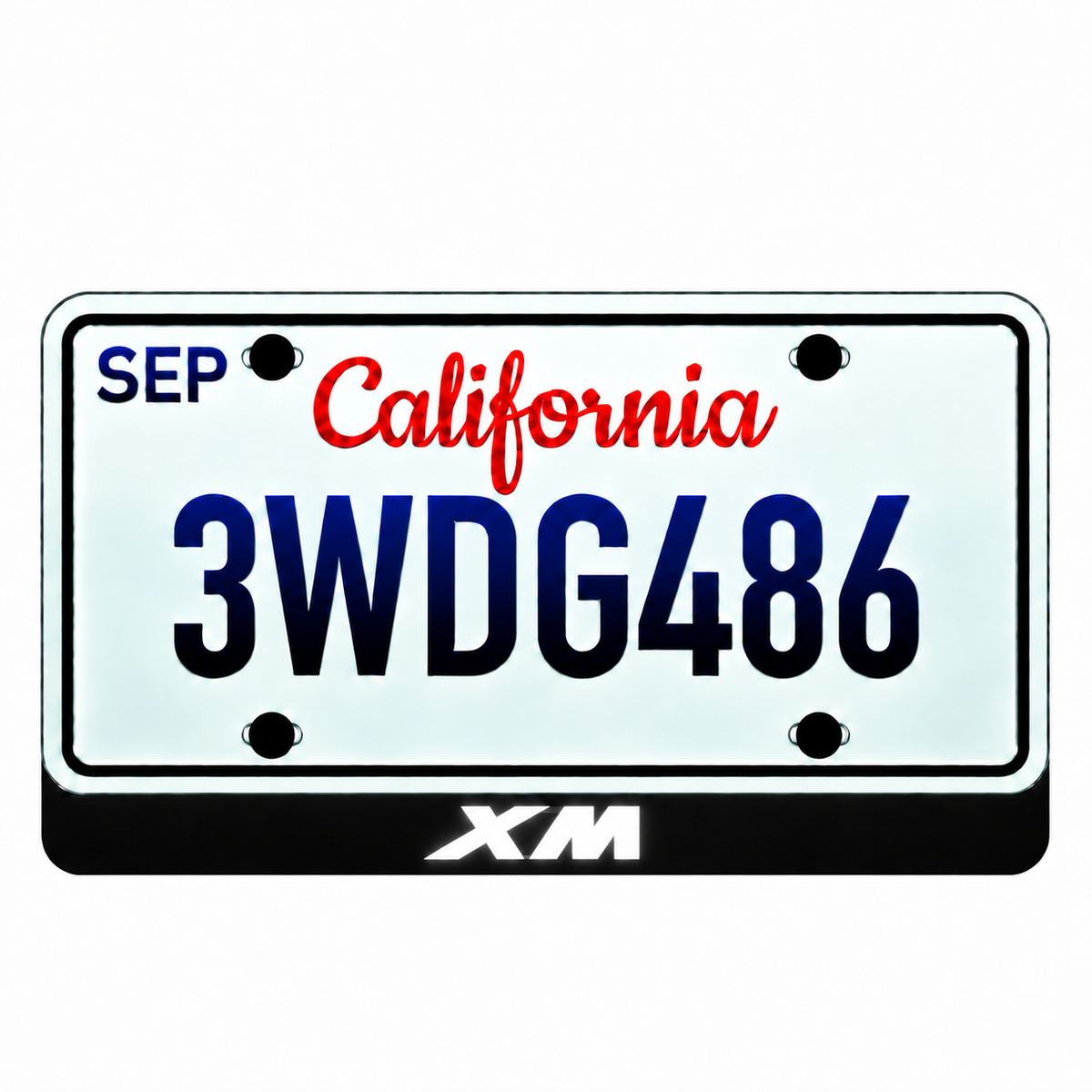 BMW XM LED license plate badge with solid white illuminated XM artwork below an illustrative California plate; plate not included