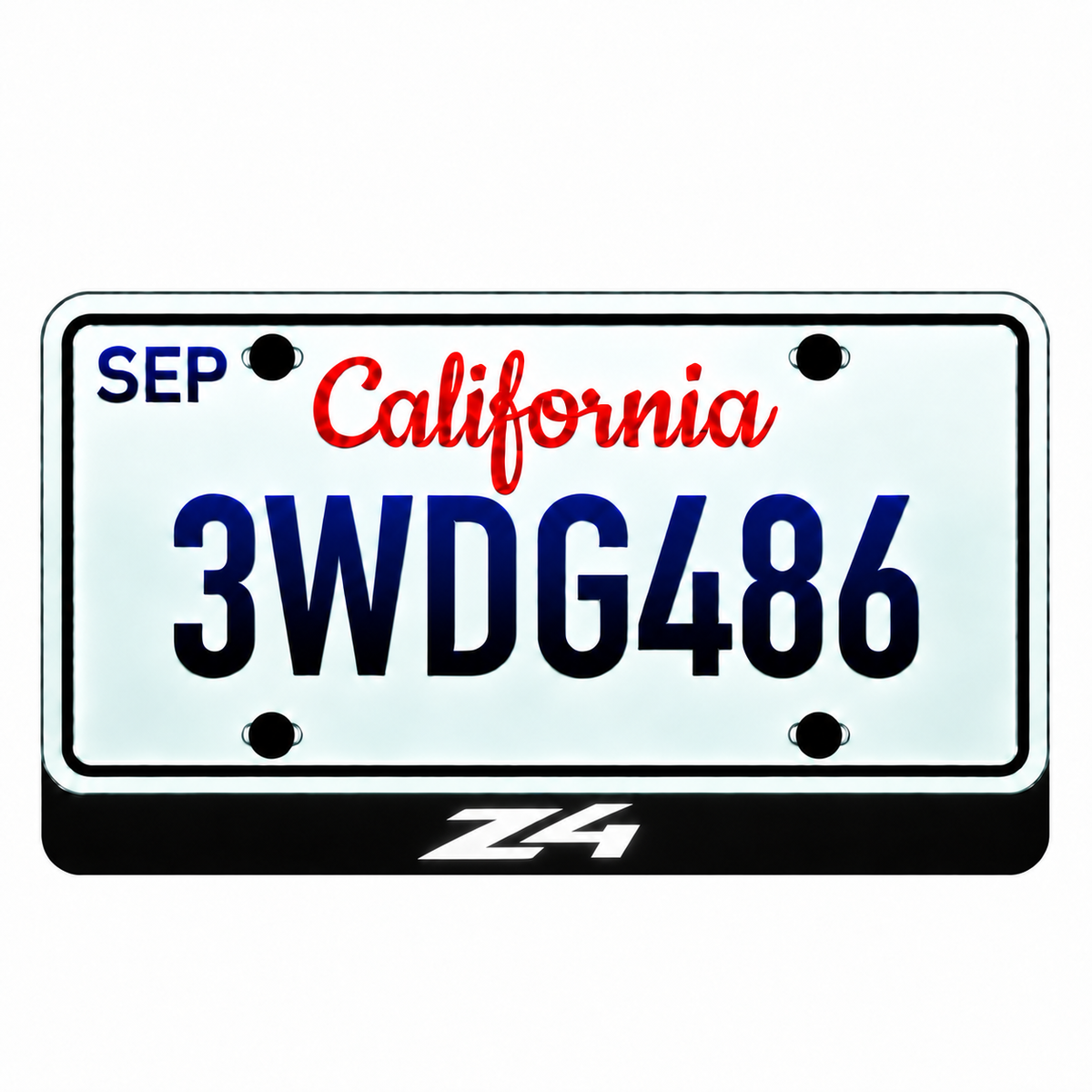 BMW Z4 illuminated LED license plate badge beneath an illustrative US plate; plate not included