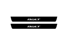 Catalog illustration of two black front door sill plates with Bolt lettering.