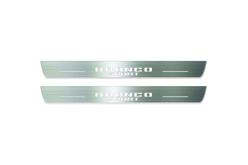 Ford Bronco Sport 2021+ entry guards in stainless steel with Bronco Sport logo