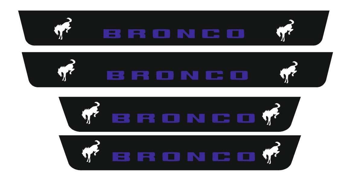 Catalog illustration of four black door sill plates with blue Bronco lettering and white bucking horse emblems.