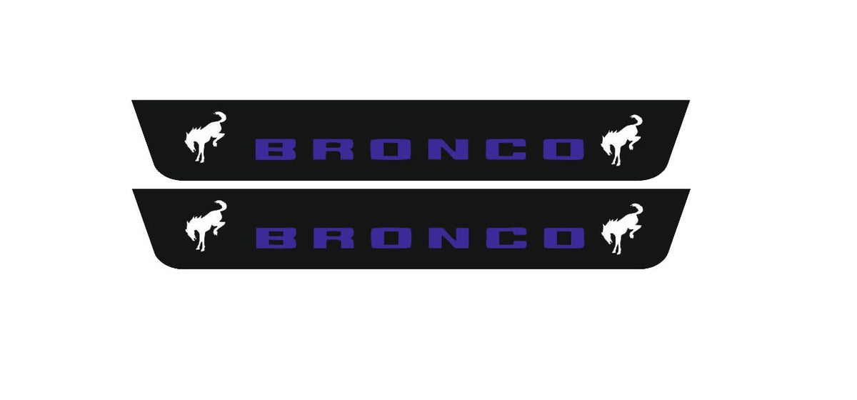 Catalog illustration of two short black door sill plates with blue Bronco lettering and white bucking horse emblems.