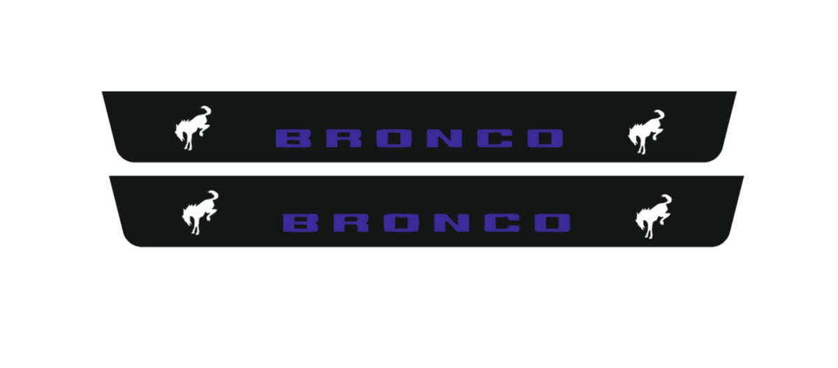 Catalog illustration of two long black door sill plates with blue Bronco lettering and white bucking horse emblems.