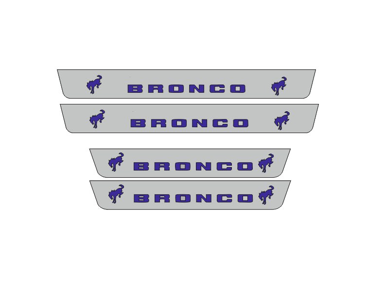 Catalog illustration of four gray door sill plates with blue Bronco lettering and bucking horse emblems.