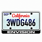Buick ENVISION LED license plate badge with large solid white lettering below an illustrative California plate; plate not included