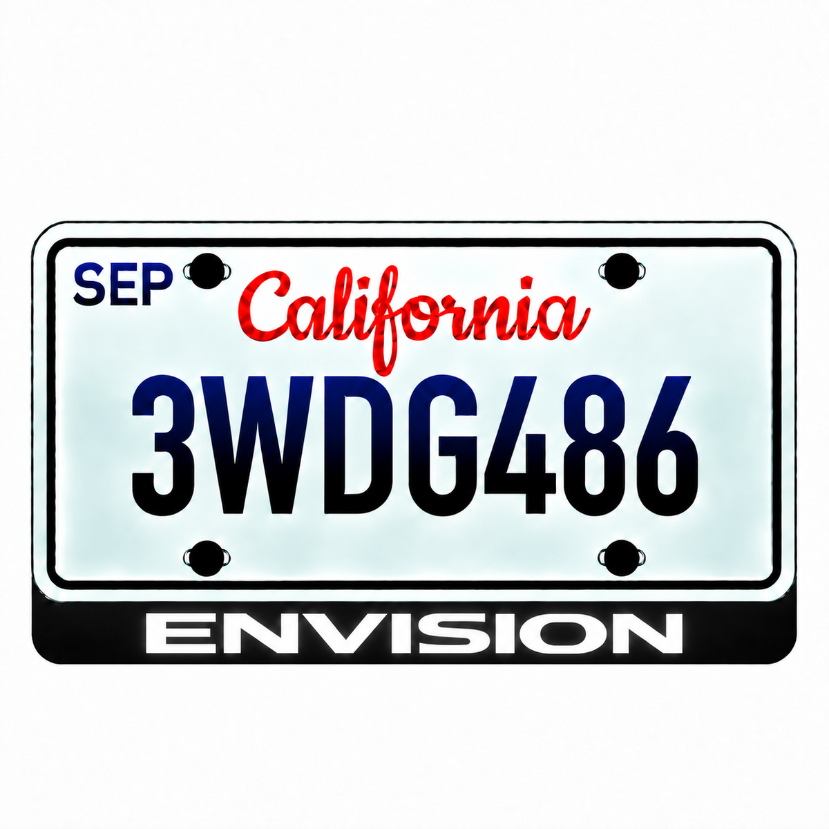 Buick ENVISION LED license plate badge with large solid white lettering below an illustrative California plate; plate not included