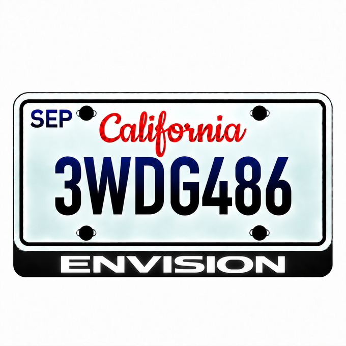 Buick ENVISION LED license plate badge with large solid white lettering below an illustrative California plate; plate not included