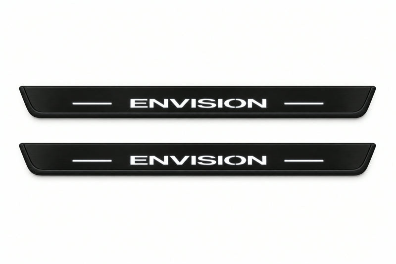 Catalogue illustration of two front black Matte PRO LED door sill plates with illuminated Envision lettering for Buick Envision I C1UL; dimensions are selected during manufacture.