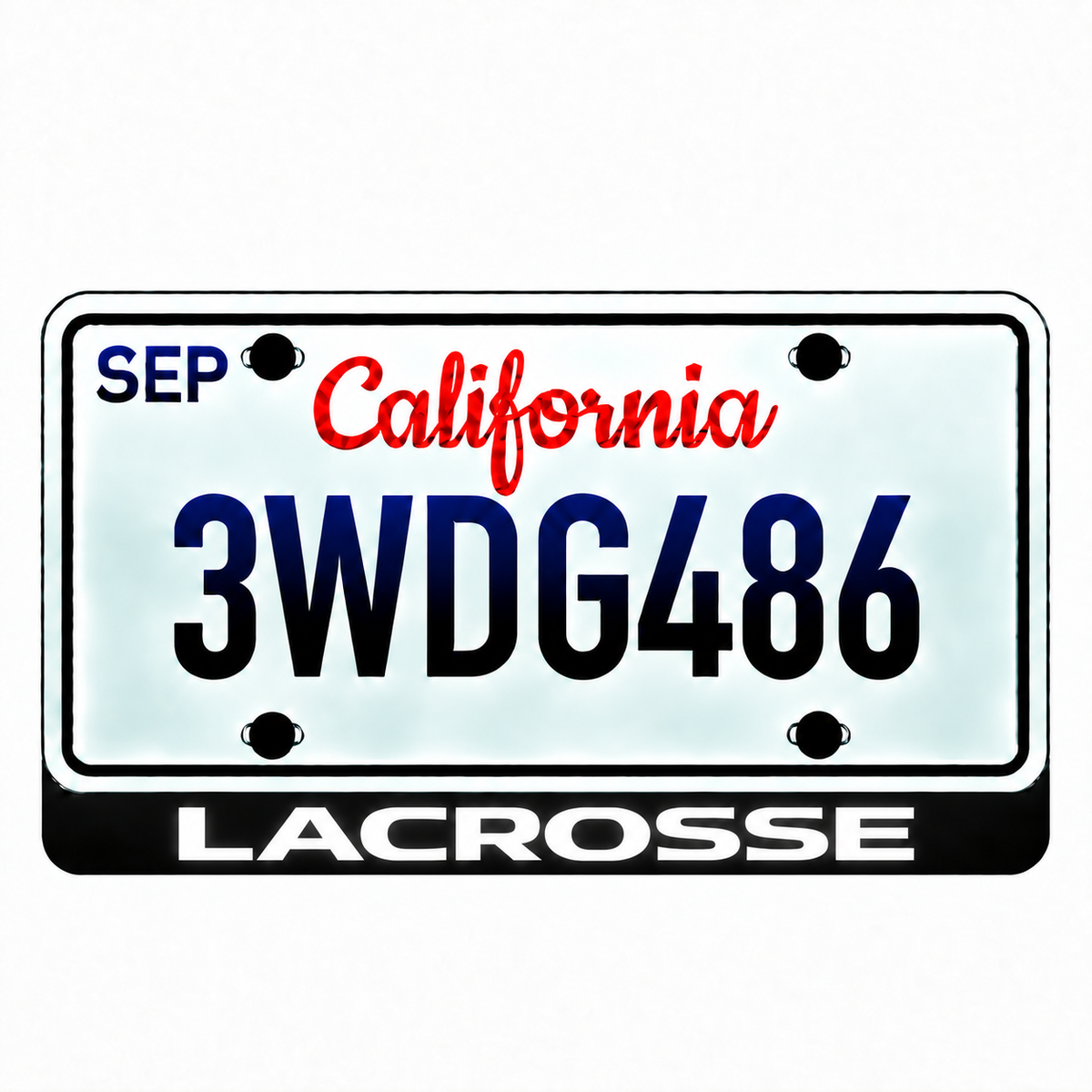 Buick LaCrosse illuminated LED license plate badge with solid lettering below an illustrative US plate; plate not included