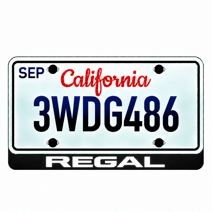 Buick Regal illuminated LED license plate badge with solid lettering below an illustrative US plate; plate not included