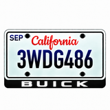 BUICK LED license plate badge with large solid white lettering below an illustrative California plate; plate not included