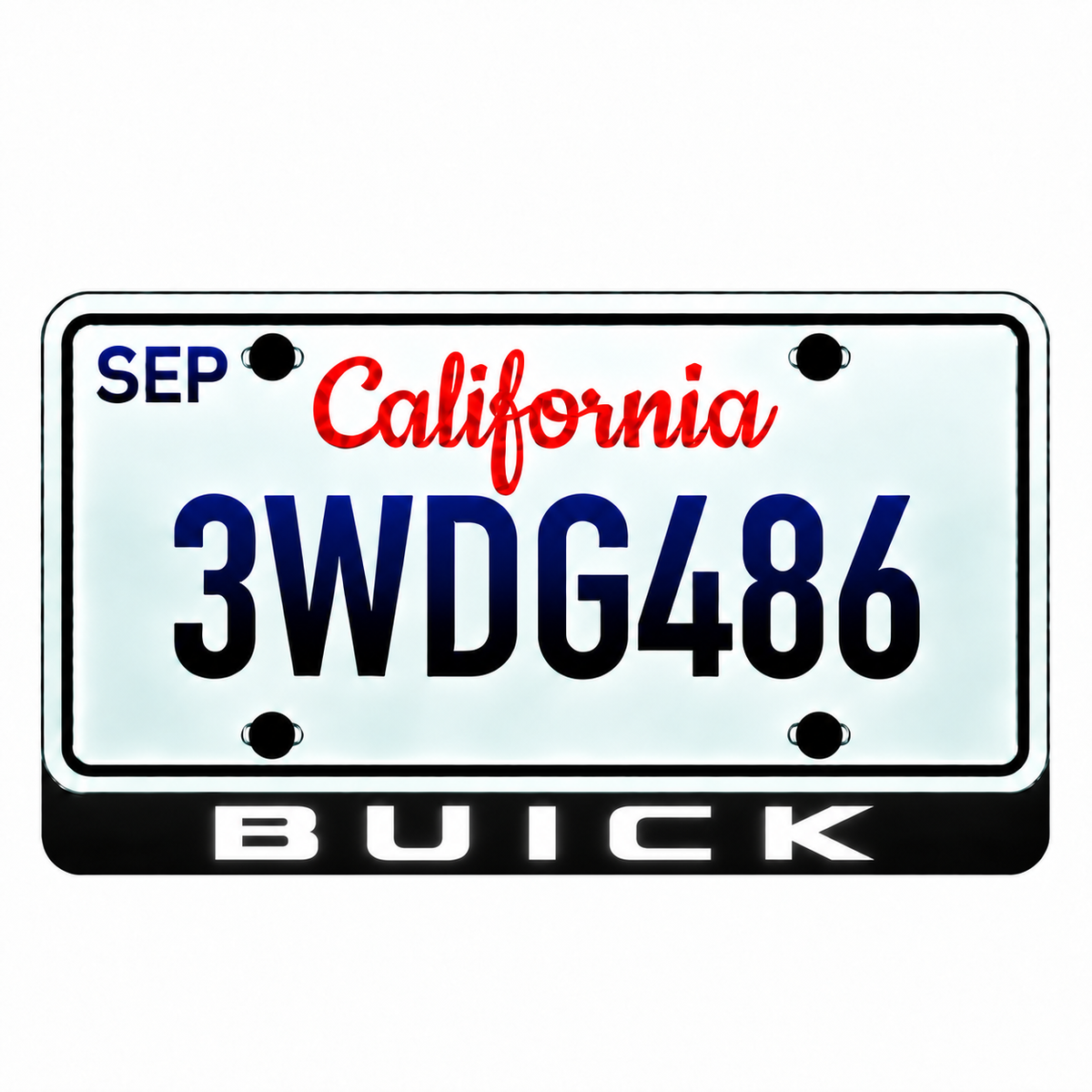 BUICK LED license plate badge with large solid white lettering below an illustrative California plate; plate not included
