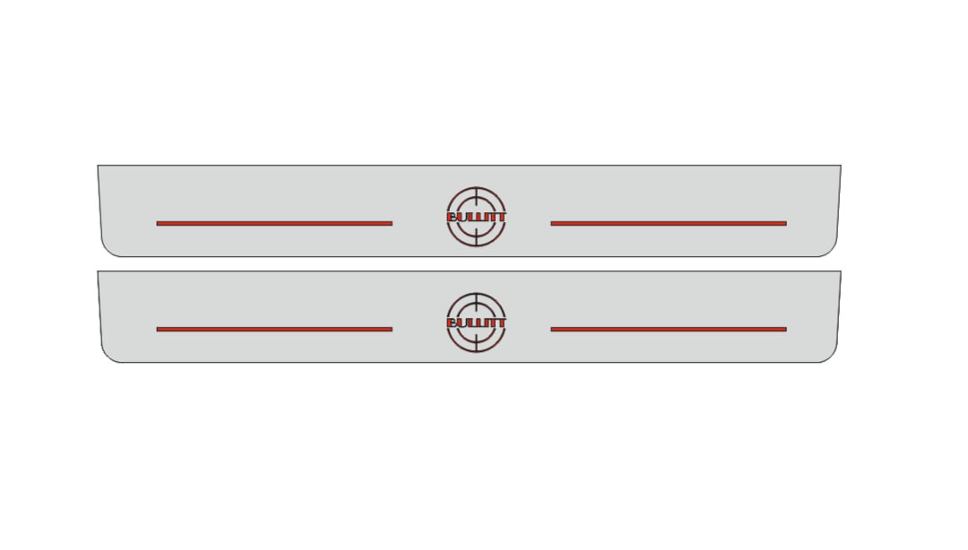 Catalog illustration of two long gray door sill plates with red Bullitt target emblems and horizontal lines on a white background.