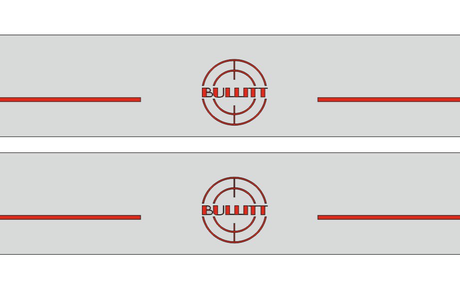 Close-up catalog illustration of red Bullitt target emblems and horizontal lines on two gray door sill plates.