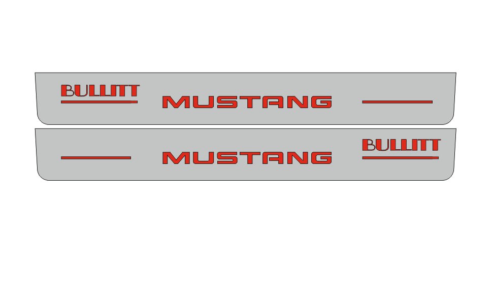 Catalog illustration of two long gray door sill plates with red Mustang lettering with offset Bullitt lettering on a white background.