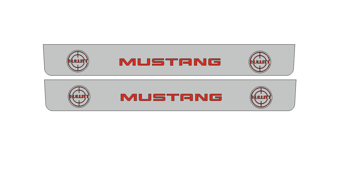 Catalog illustration of two long gray door sill plates with red Mustang lettering flanked by Bullitt target emblems on a white background.