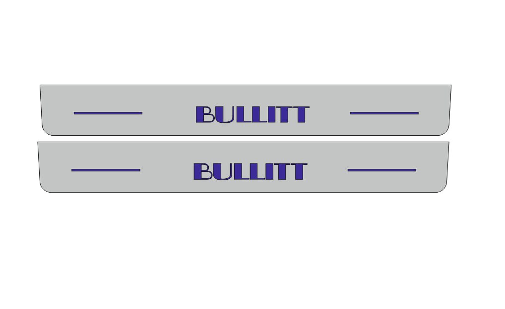 Catalog illustration of two long gray door sill plates with blue Bullitt lettering and horizontal lines on a white background.
