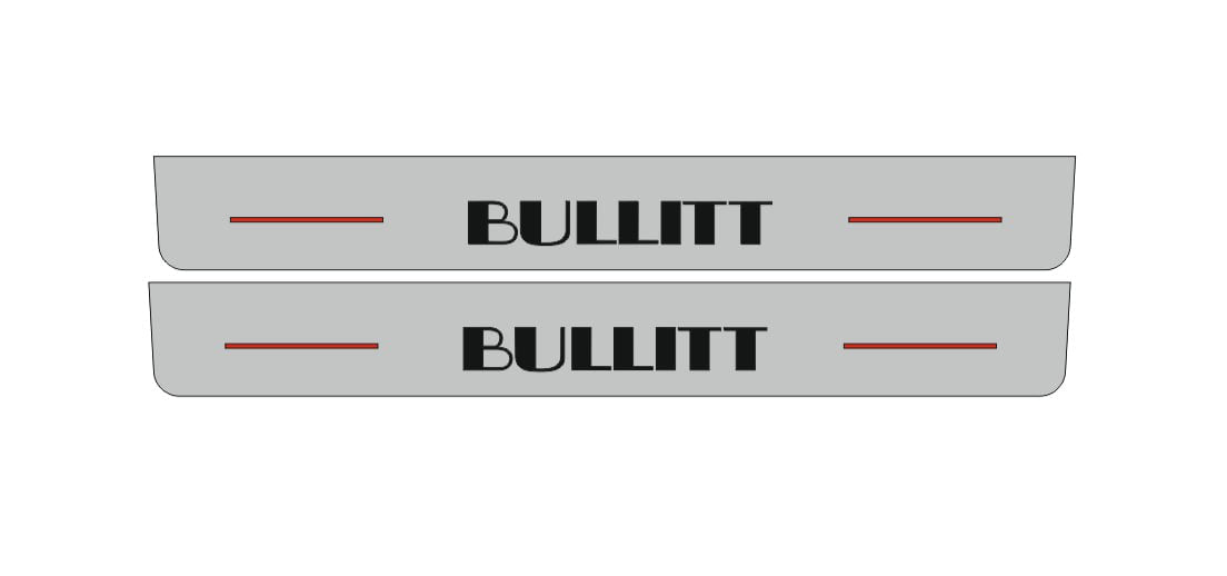 Catalog illustration of two long gray door sill plates with black Bullitt lettering and red horizontal lines on a white background.