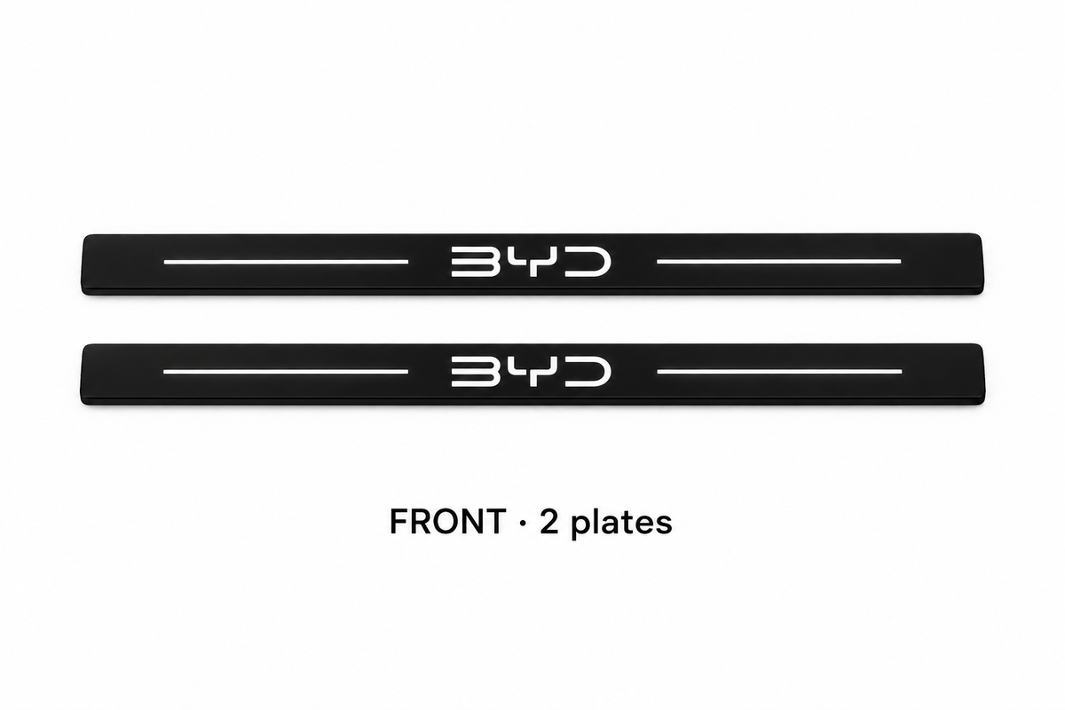 Matte PRO catalogue illustration: two flat black FRONT plates with illuminated BYD lettering and top lines on white; not exact vehicle dimensions