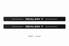 Matte PRO catalogue illustration: two flat black FRONT plates with illuminated SEALION 7 lettering and top lines on white; not exact vehicle dimensions