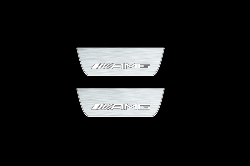 Illuminated LED Door Sill Tread Plates Mercedes C W205 2014-2021 With AMG Logo Mercedes Led Door Sills opdesign