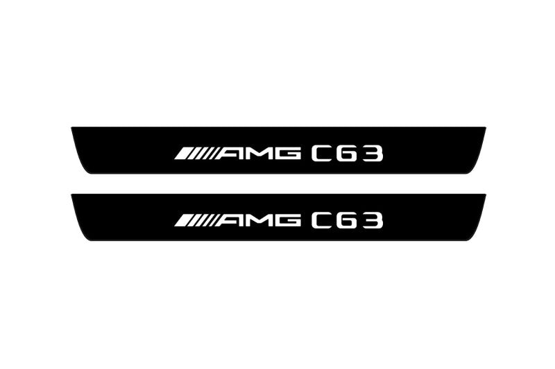 Mercedes C W205 2014+ illuminated door sill protectors in stainless steel with AMG C63 logo