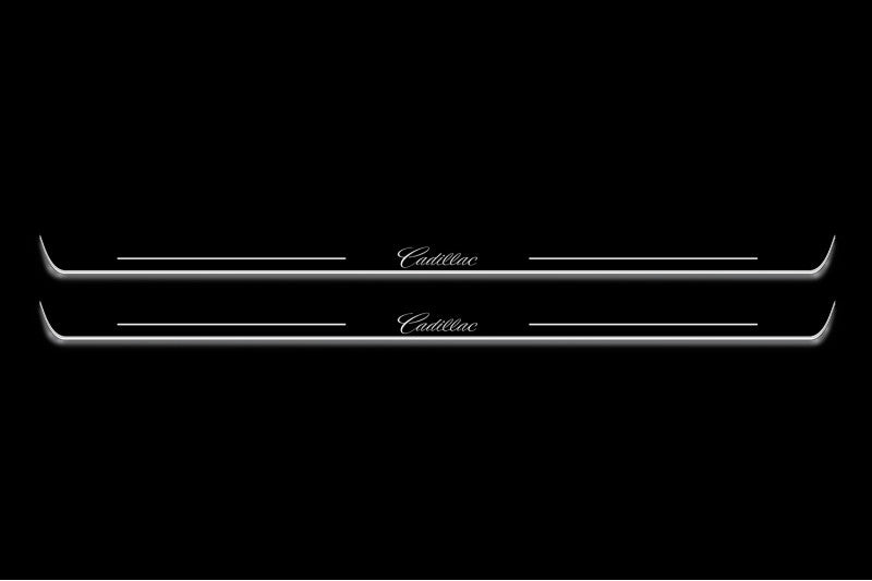 LED door sill plates Cadillac CTS II Coupe 2008+ in stainless steel with Cadillac logo