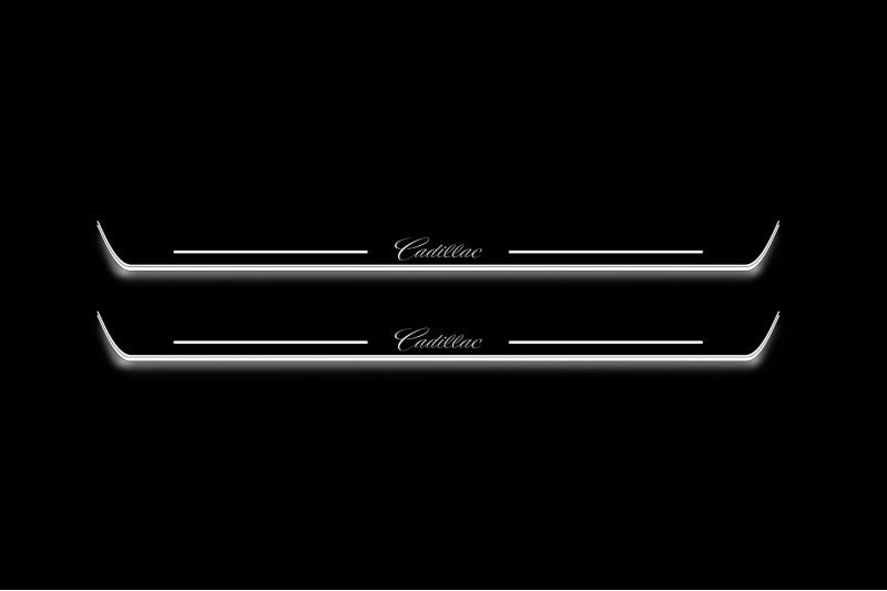 Cadillac Escalade IV 2014+ illuminated entry guards in stainless steel with Cadillac logo