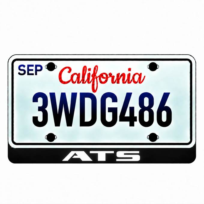 Cadillac ATS illuminated LED license plate badge with solid lettering below an illustrative US plate; plate not included