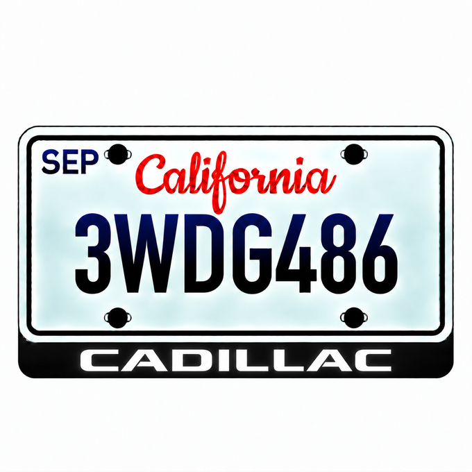 Cadillac CADILLAC illuminated LED license plate badge with solid lettering below an illustrative US plate; plate not included