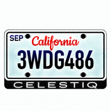 Cadillac CELESTIQ illuminated LED license plate badge with solid lettering below an illustrative US plate; plate not included