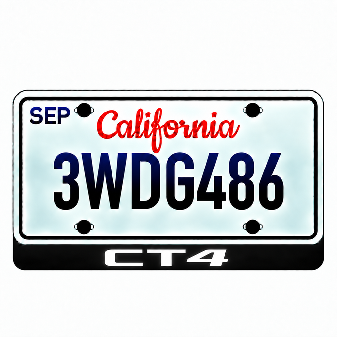 Cadillac CT4 illuminated LED license plate badge with solid lettering below an illustrative US plate; plate not included