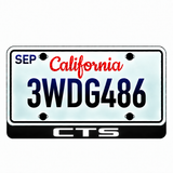 Cadillac CTS illuminated LED license plate badge with solid lettering below an illustrative US plate; plate not included