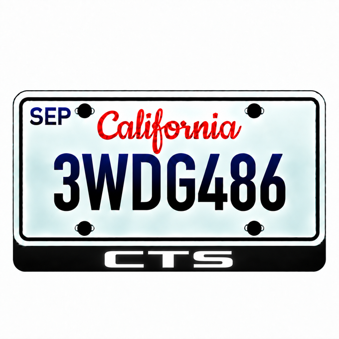 Cadillac CTS illuminated LED license plate badge with solid lettering below an illustrative US plate; plate not included