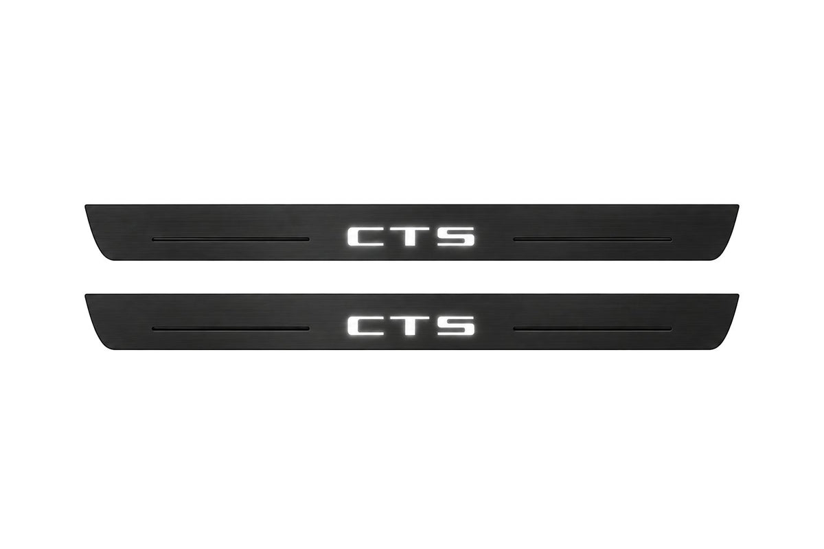 Catalogue illustration of two front black Matte PRO LED door sill plates with illuminated CTS lettering for Cadillac CTS II GM325; dimensions are selected during manufacture.